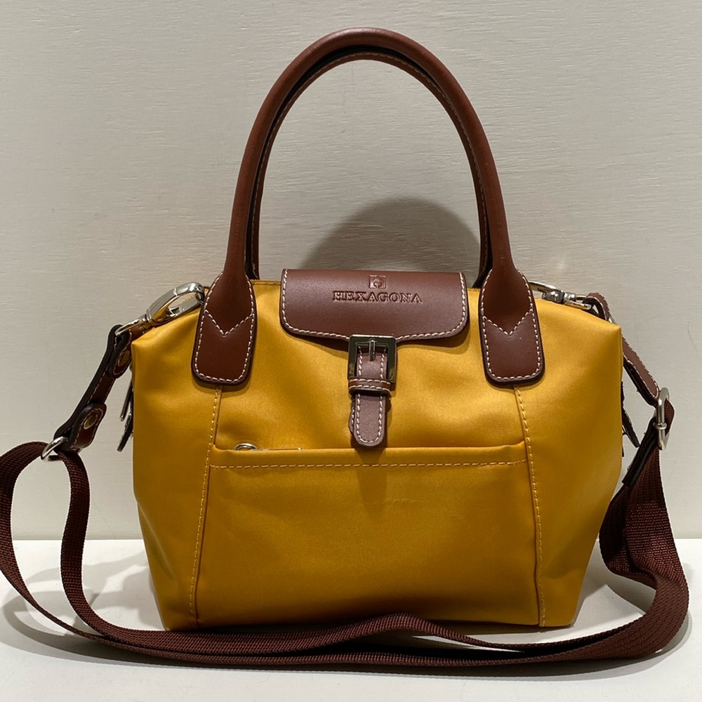 HEXAGONA Mustard Yellow Nylon & Brown Leather Handles/ Trim Satchel/ Crossbody